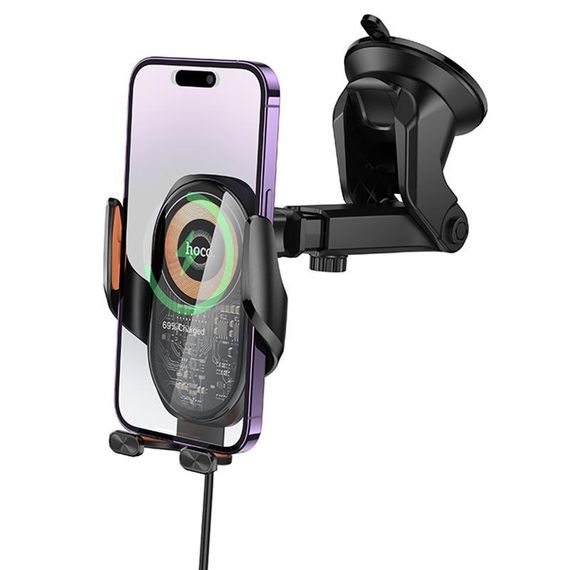 Автотримач з БЗП Hoco HW34 Blue whale 3-axis linkage wireless 15W (center console) Black | Зображення 3