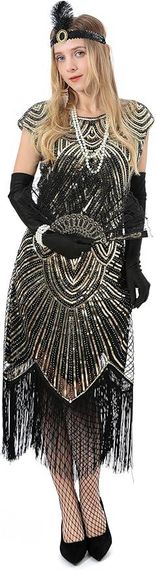 Платье в стиле 20-х Гетсби с пайетками бахромой перчатками женский ретро образ комплект для карнавала Хэллоуин | Зображення 5