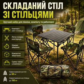 Складаний стіл для пікніка 53х53х50см + 4 стільці, Камуфляж / Стіл і стільці для пікніка / Туристичний столик розкладний