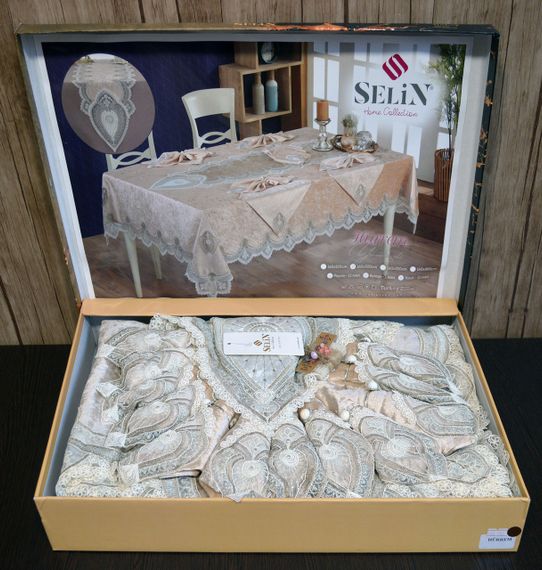 Велюрова скатертина з ранером Selin Hurrem Set 160×350+12 серветок Бежева | Зображення 2