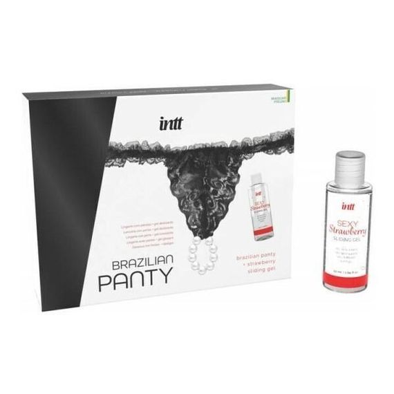 Набір Intt BRAZILIAN PANTY BLACK: трусики на зав’язках S-XL з перлинним кільцем + полунична змазка, One size | Зображення 1