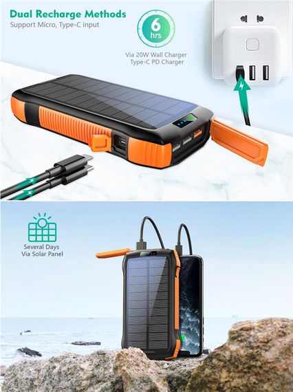 УМБ Choetech Wireless 20000mAh 20W PD,QC3.0 3USB-A,solar panel, Qi-5W Black-Orange | Зображення 3