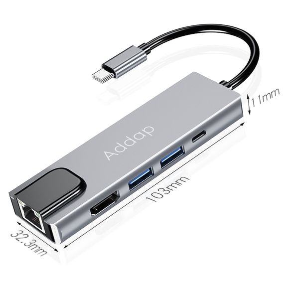 Многофункциональный USB Type-C хаб / разветвитель Addap MH-09s, концентратор 5в1: 2 x USB 3,0 + Type-C + HDMI + Ethernet Gigabit (0063) | Зображення 4
