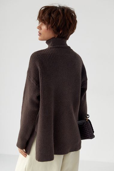 В'язана туніка в рубчик із високою горловиною - коричневий цвет, ONE SIZE (є розміри) | Зображення 1