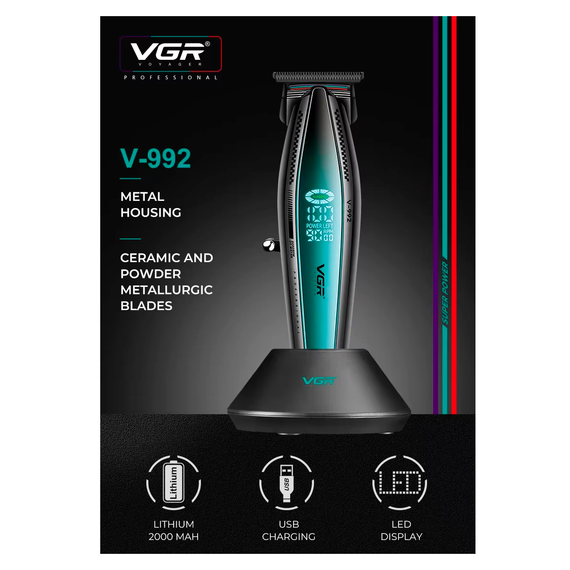 Триммер аккумуляторный VGR V-992 GREEN, 9000 RPM, 2000 mAh, 3 насадки, LED дисплей | Зображення 6
