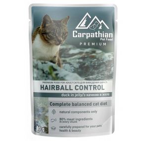 Carpathian Hairball - Утка в желе (вывод шерсти) для кошек, пауч 80 г (24шт/уп).