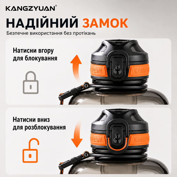 Бутылка для воды KANGZYUAN 2200 мл Tritan BPA Free Черная (с ручкой и ремешком) | Зображення 6