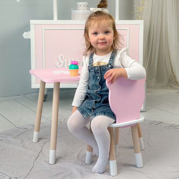 Дитячий  прямокутний стіл і стільчик ведмежа з білим сидінням. Столик рожевий дитячий | Зображення 1