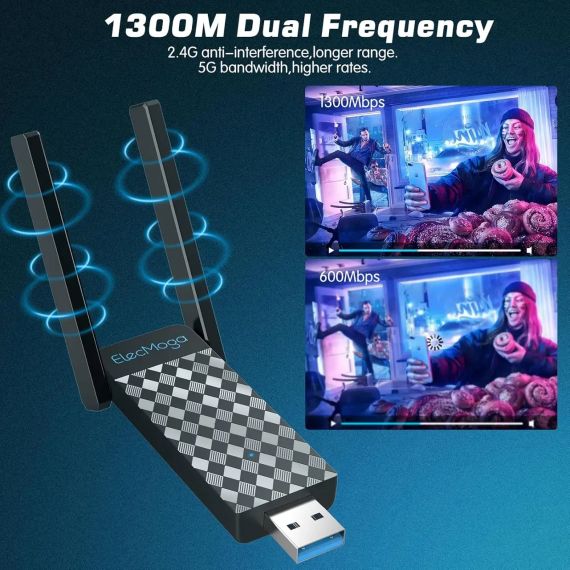 Мережевий адаптер Wi-Fi, адаптер для ПК, адаптер WLAN ElecMoga USB 3.0, 1300 Мбіт/с, ПК, 2,4 ГГц/5,8 ГГц, | Зображення 6