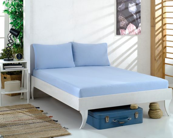 Простынь 180x200см трикотаж (джерси) на резинке с наволочками Голубая | Зображення 4