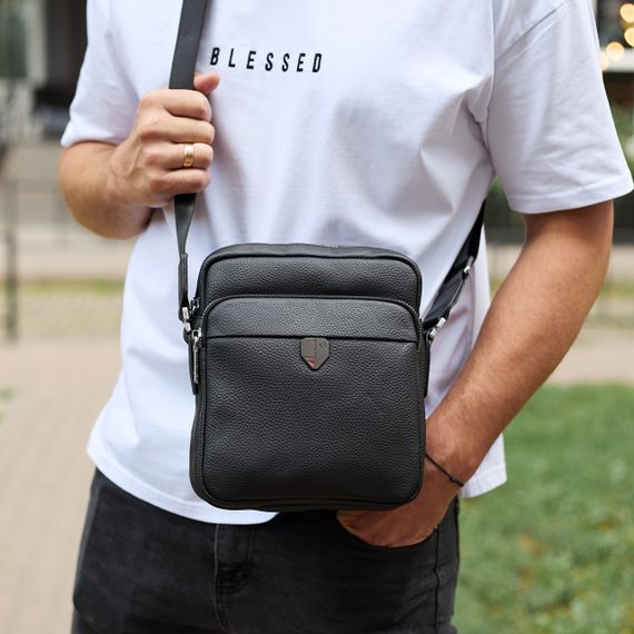 Чоловіча шкіряна сумка-барсетка 24х20х8, компактна сумочка на плече для чоловіка, наплічний месенджер, чорна | Зображення 2