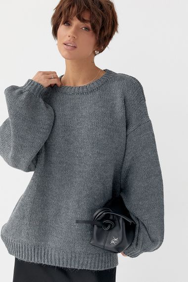 В'язана однотонна кофта з рукавами-ліхткриками - сірий цвет, ONE SIZE (є розміри) | Зображення 4