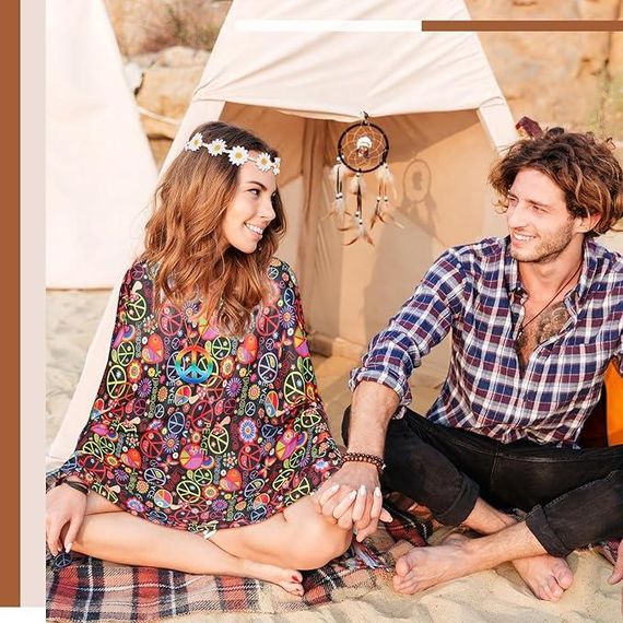 Хіпі костюм жіночій ретро у стилі 60х 70х для Хелловіну, вечірки, корпоративу, карнавальний комплект хіппі пончо | Зображення 3