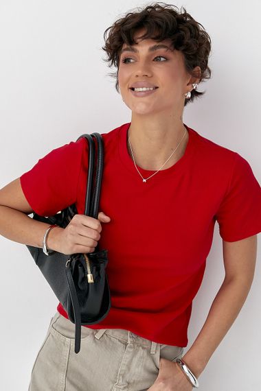 Однотонна жіноча еластична футболка - червоний цвет, ONE SIZE (є розміри) | Зображення 4