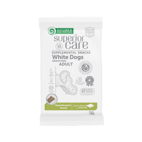 Лакомства Nature's Protection Superior Care White Dogs Hypoallergenic & Dental Care беззерновые  с белой рыбой для взрослых собак всех пород с белым окрасом шерсти 150 гр