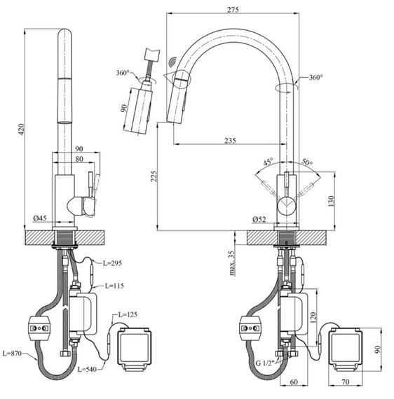 Змішувач для кухні з висувним виливом Kroner KRP Edelstahl Klassisch - PVD03916 сенсорний (CV032496) | Зображення 1