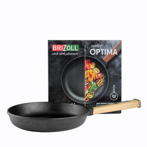 Сковорода чавунна Brizoll Optima 24 см O2440-P з дерев'яною ручкою для всіх плит | Зображення 1