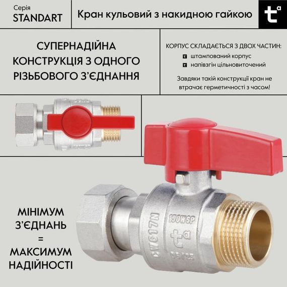 Кран кульовий Thermo Alliance Standart 3/4" ВН прямий, PN40, з накидною гайкою TAS261W20 | Зображення 2