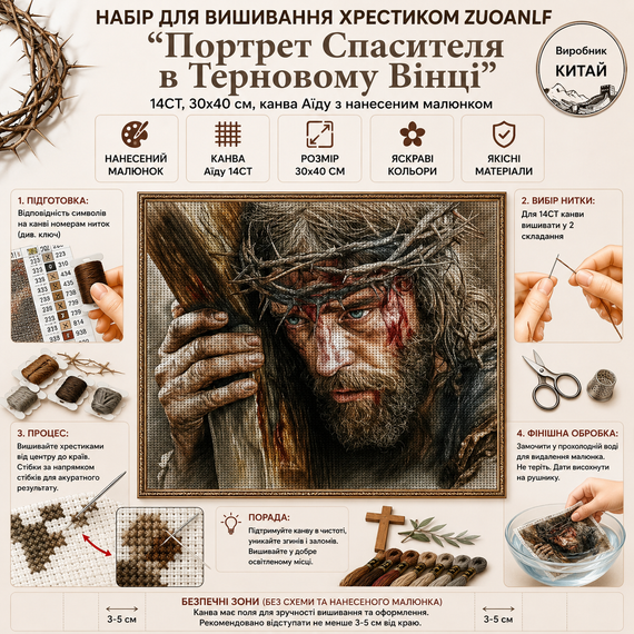Набор для вышивки крестом ZUOANLF "Портрет196 в Терновом Венчике" 14CT, 30x40 см, канва Аида с нанесенным рисунком | Зображення 1