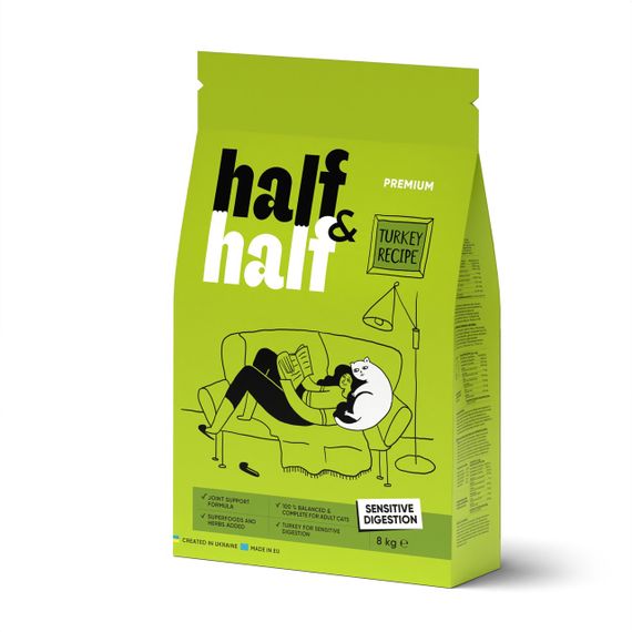Корм Half&Half Sensitive Digestion Cats сухой с индейкой для котов с чувствительным пищеварением 8 кг