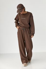 Спортивний костюм із плюшевим начісом з коротким світшотом та штанами палаццо - коричневий цвет, M/L (є розміри)
