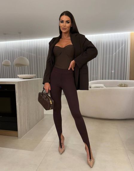 Женские лосины со штрипками через палец микродайвинг с высокой посадкой цвет коричневый, размер S/M IP733