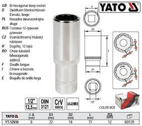 Головка торцевая 12-гранная удлиненная 1/2" М8х77 мм Польша YATO YT-12930