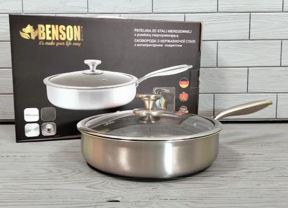 Глибока сковорода із нержавіючої сталі 28 см. Benson BN-588 | Зображення 5