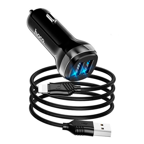 Набір АЗУ 12-24V HOCO Z40 + кабель Lighting, 2xUSB, 2.4A, кабель 1м, Black, Box