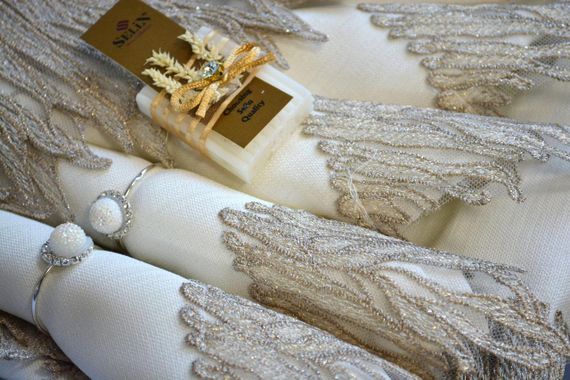 Льняная скатерть с ранером Selin Zumre Set 160×350+12 салфеток кремовая | Зображення 2