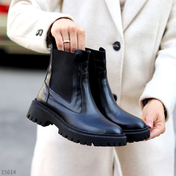 Стильні чорні шкіряні зимові чолсі черевики низький хід | Зображення 2