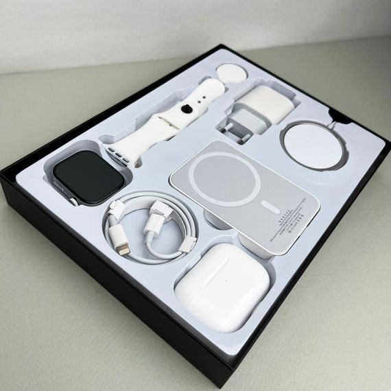 Комплект Megabox 6в1 - Watch 9 / Air Pro 2 / Battary Pack / MagSafe / 20W Type-С / Кабель 3х / Ремінець (Білий) UA | Зображення 1