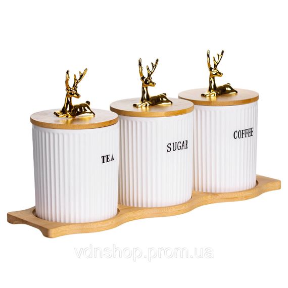 Набір порцелянових банок для сипучіх на бамбуковій підставці 3 шт. по 400 мл для чаю кави цукру SCT-652 | Зображення 4