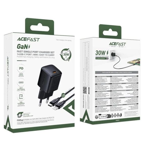 СЗУ Acefast A118 PD30W GaN (1USB-C) + кабель Type-C to Lightning Black | Зображення 2