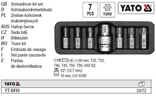 Набор бит насадка отвертки TORX YATO переходник 1/2" 7 штук YT-0410