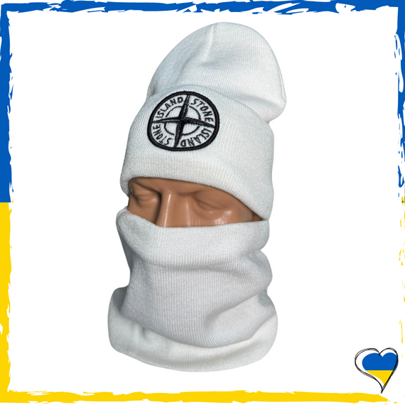 Комплект белый Stone Island шапка и бафф на флисе . Набор теплый. Мужской, женский, подростковый, детский