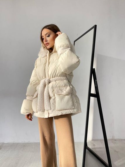 Пуховик с опушкой и капюшоном Cresh Puffer, молочный XL | Зображення 5
