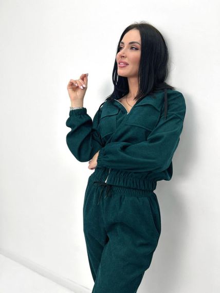 Женский спортивный вельветовый костюм демисезонный на молнии GF07953 цвет зеленый (бутылка), размер 42/44 | Зображення 1