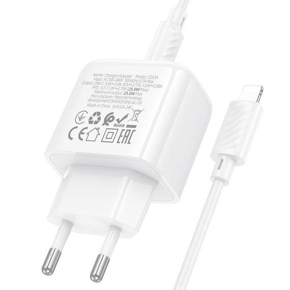 Набір СЗУ HOCO CS53A+кабель Туре-С/Lighting, 1xUSB-C, PD25W, White | Зображення 2