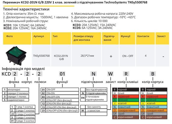 Переключатель KCD2-201N G/B 220V 1 клавиша зеленый с подсветкой Ny95500768 | Зображення 1