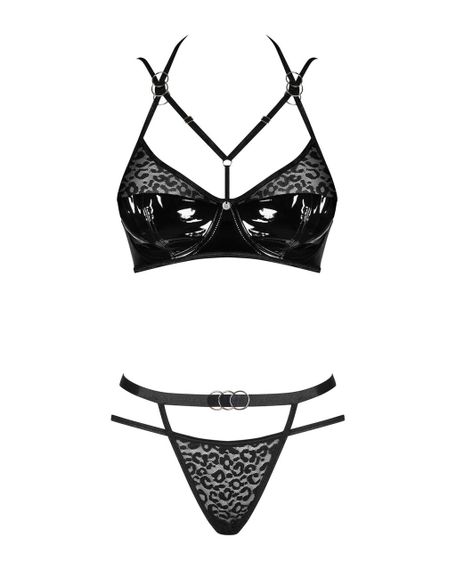 Еротичний комплект під латекс зі стрепами Obsessive Bagirela 2-pcs set S/M, чорний, під леопард, бюс | Зображення 4