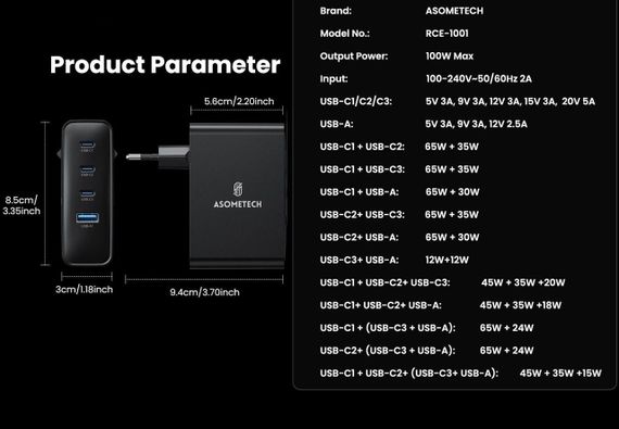 Зарядний пристрій Asometech 100W GaN Fast USB Charger 3C1A для швидкого заряджання | Зображення 6