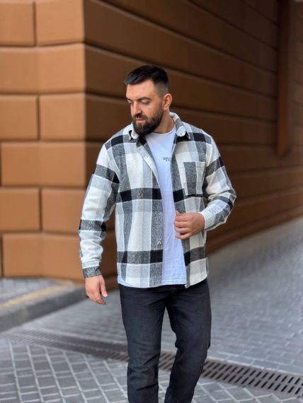 Теплая мужская байковая рубашка в клетку на пуговицах размер L цвет серый Vi1048 | Зображення 5