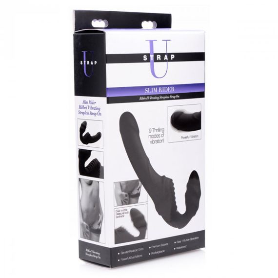 Жіночий вібрострапон Slim Rider Ribbed Ribbed Vibrating Silicone Strapless Strap On, чорний Sex Aura | Зображення 5