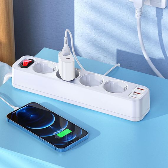 Удлинитель Hoco NS1 Aura PD20W (2USB/1Type-C/4xSocket) White | Зображення 3