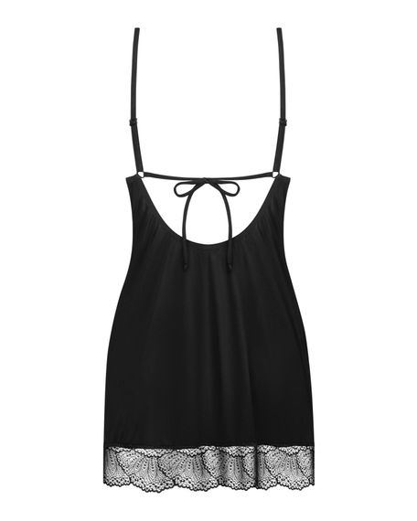Пеньюар Obsessive Lobellis chemise & thong, XS/S, чорний, мереживне оздоблення, стрінги в комплекті | Зображення 3