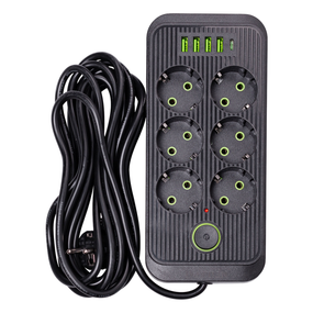 Сетевой фильтр 5 м удлинитель F06U на 6 розеток 4 USB 1 Type-C и кнопкой отключения Черный HP-5-26