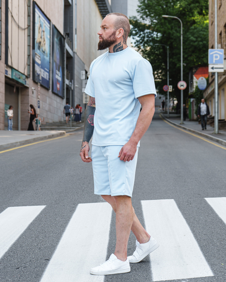 Мужской летний костюм с шортами и футболкой рубчик премиум-качество BD0026 цвет голубой, размер М | Зображення 1
