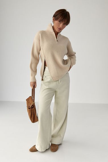 В'язаний вільний светр із блискавкою внизу - бежевий цвет, ONE SIZE (є розміри) | Зображення 4