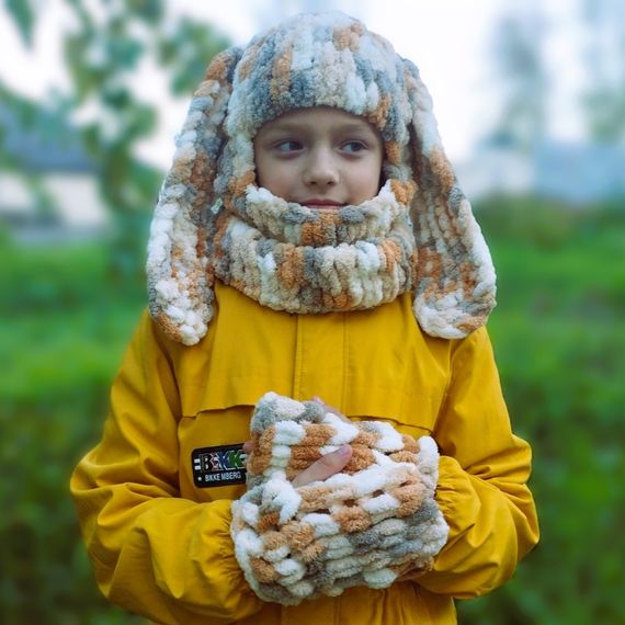 Балаклава колір 5926 плюшева з вушками зайчика + мітенки | Зображення 4